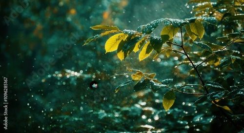 Sparkling raindrops on fresh green leaves in sunlight