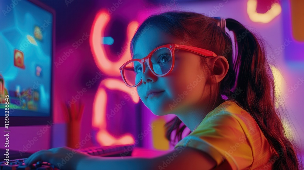 A young girl with glasses focused on a computer screen, illuminated by colorful neon lights in a playful, vibrant environment.