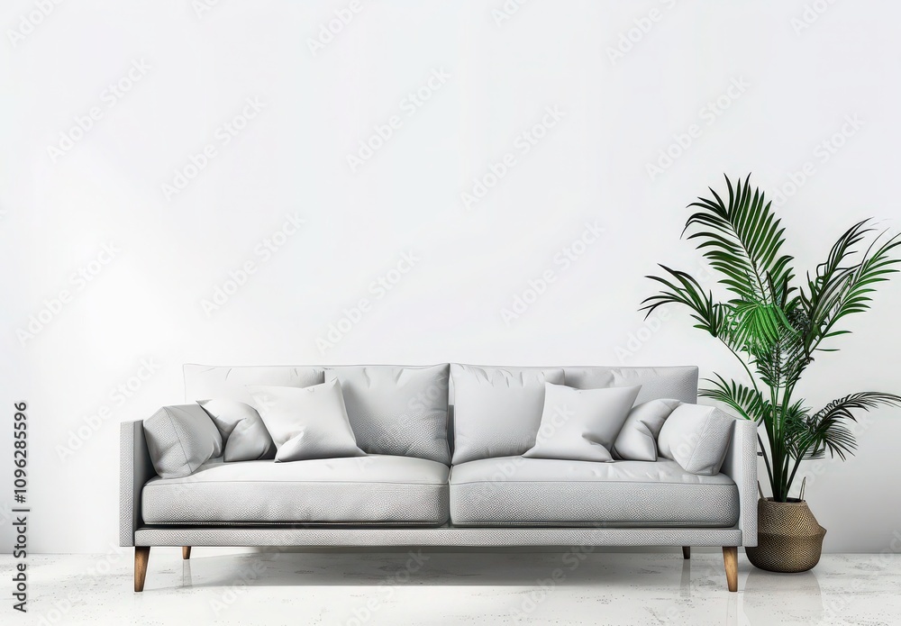 Minimalist living room interior with a white sofa. a potted plant. and a white wall with sunlight streaming in Minimalist living room interior with a white sofa. a potted plant. and a white wall with sunlight streaming in