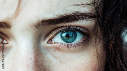 Close-up of a personâ€™s eye with a teary expression, showcasing striking blue iris details and delicate freckles surrounding the eye. photo