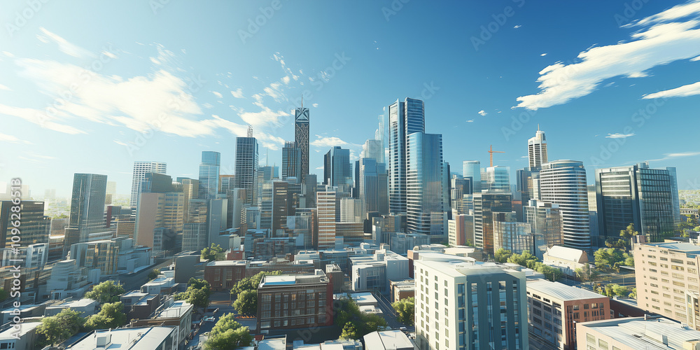 Fototapeta premium Modern Skyline with High-Rise Office Buildings under Blue Sky