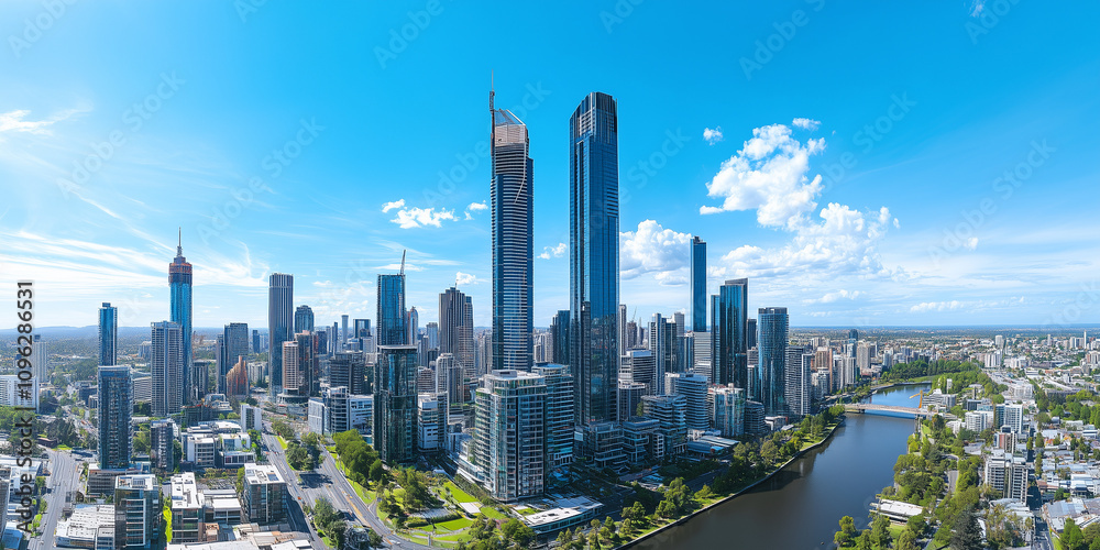 Obraz premium Modern Skyline with High-Rise Office Buildings under Blue Sky