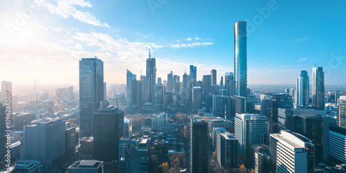 Modern Skyline with High-Rise Office Buildings under Blue Sky