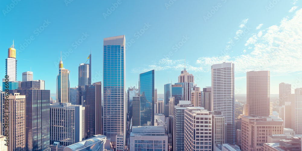Modern Skyline with High-Rise Office Buildings under Blue Sky Modern Skyline with High-Rise Office Buildings under Blue Sky