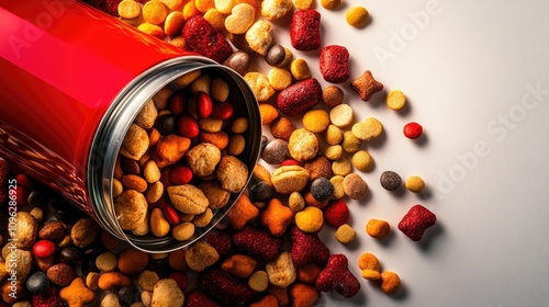 Opened can of mixed pet food spilling vibrant kibbles and crunchy treats on a light backdrop. Colorful assortment of textures and shapes. photo