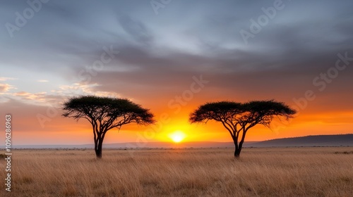 Serene Sunset Over Open Savannah Featuring Majestic Acacia Trees with Vibrant Skies and Golden Grasslands, Perfect for Nature Enthusiasts and Landscape Lovers