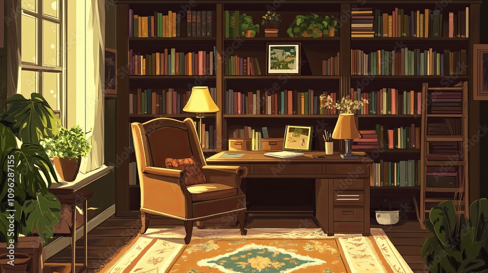 Obraz premium Cozy reading nook setup home office interior design warm ambiance home environment serenity concept