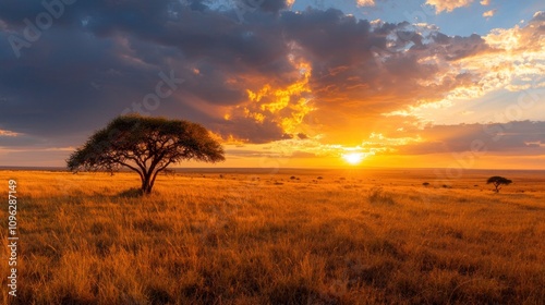 Breathtaking Landscape of a Wide Open Savannah at Sunset Featuring Acacia Trees Under Dramatic Clouds and Golden Sunlight