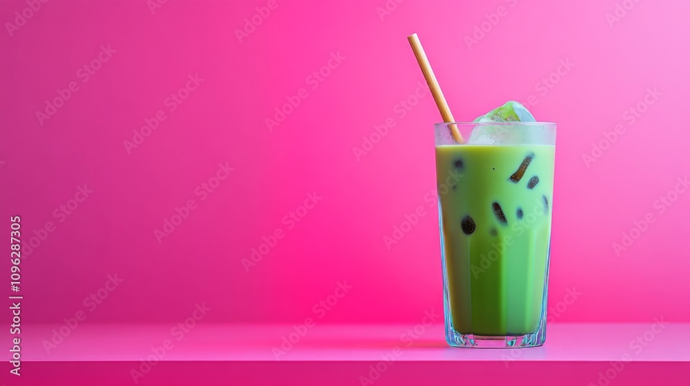 Iced Matcha Latte with Straw and Ice Cubes on Pink Background Iced Matcha Latte with Straw and Ice Cubes on Pink Background