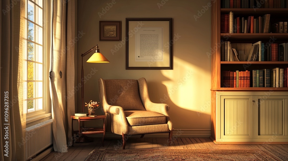 Cozy reading nook home living room interior design warm atmosphere natural light relaxation space Cozy reading nook home living room interior design warm atmosphere natural light relaxation space