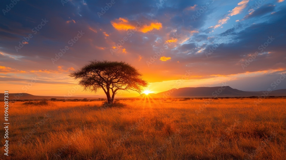 Fototapeta premium Majestic Wide Open Savannah at Sunrise with Acacia Trees Illuminated by Vibrant Orange and Blue Skies