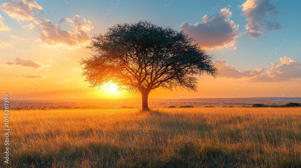 Expansive Savannah at Sunset with Acacia Tree Surrounded by Grass and Bright Sky in Wide Open Landscape Expansive Savannah at Sunset with Acacia Tree Surrounded by Grass and Bright Sky in Wide Open Landscape