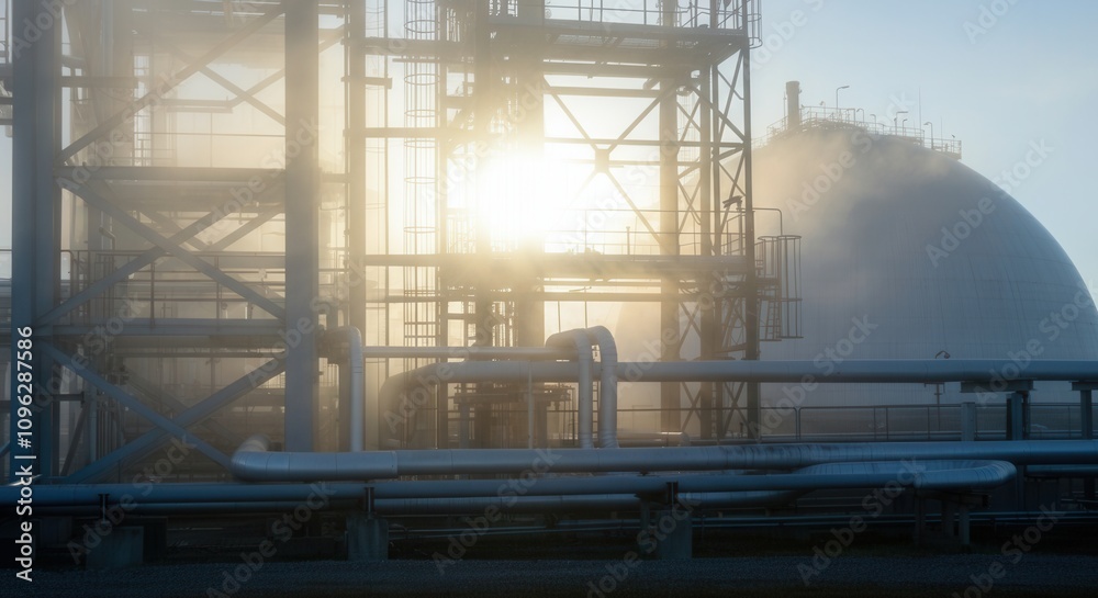 Industrial plant silhouette rising sun Industrial plant silhouette rising sun