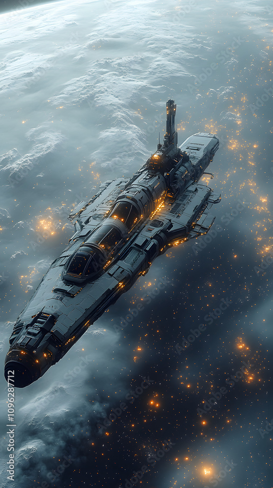 A futuristic spacecraft hovering above the icy surface of a distant planet, showcasing advanced technology and the exploration of alien worlds. The image evokes a sense of wonder and mystery, highligh A futuristic spacecraft hovering above the icy surface of a distant planet, showcasing advanced technology and the exploration of alien worlds. The image evokes a sense of wonder and mystery, highligh