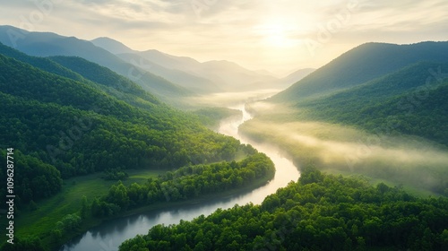 A Serene Winding River Cutting Through a Dense Forest at Sunrise, Surrounded by Lush Green Mountains and Misty Atmosphere