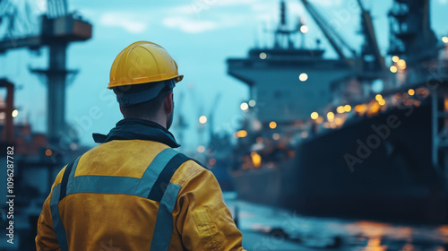 worker in yellow safety jacket and helmet observes busy port at dusk, showcasing advanced naval technology and operations