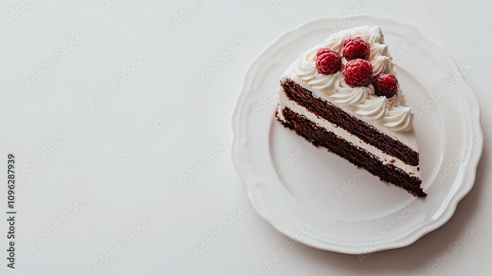 Indulgent chocolate cake slice with raspberries minimalist kitchen food photography bright atmosphere close-up dessert delight