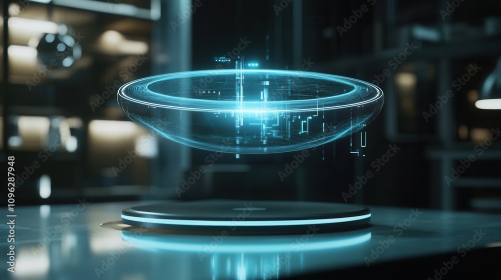 A futuristic holographic display floats above a sleek surface, showcasing digital data and intricate designs in a high-tech environment. A futuristic holographic display floats above a sleek surface, showcasing digital data and intricate designs in a high-tech environment.