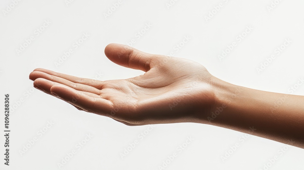 Outstretched human hand with a natural skin tone positioned against a smooth white background, symbolizing offering or invitation. Outstretched human hand with a natural skin tone positioned against a smooth white background, symbolizing offering or invitation.