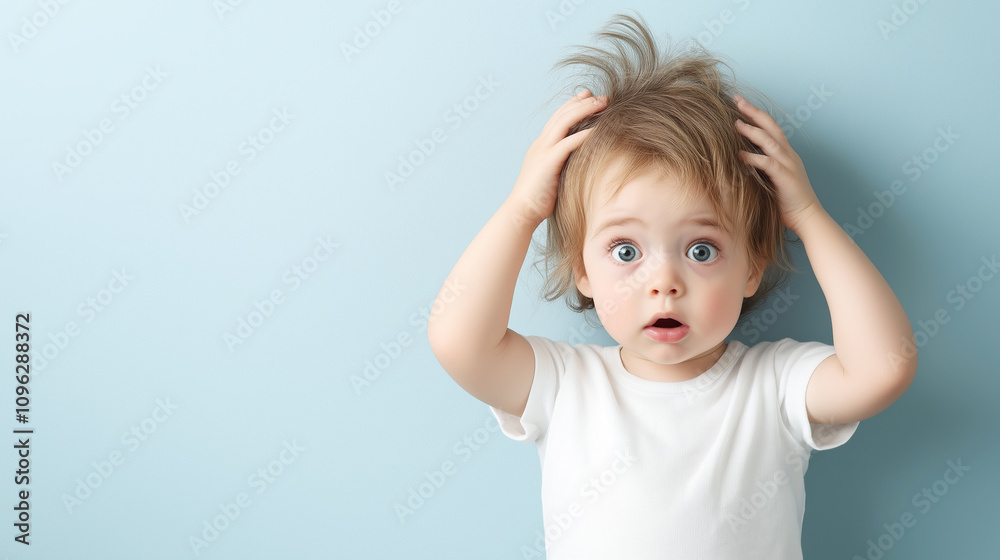 Naklejka premium Surprised baby with messy hair holding head in studio portrait, showing astonishment against a blue backdrop