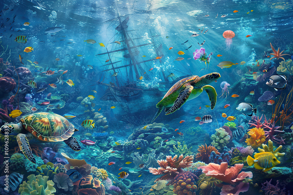 Underwater view of an sunken ship on seabed with fish swimming around Underwater view of an sunken ship on seabed with fish swimming around