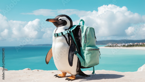 A penguin with a pastel-green backpack and a tiny passport tucked into the side. 