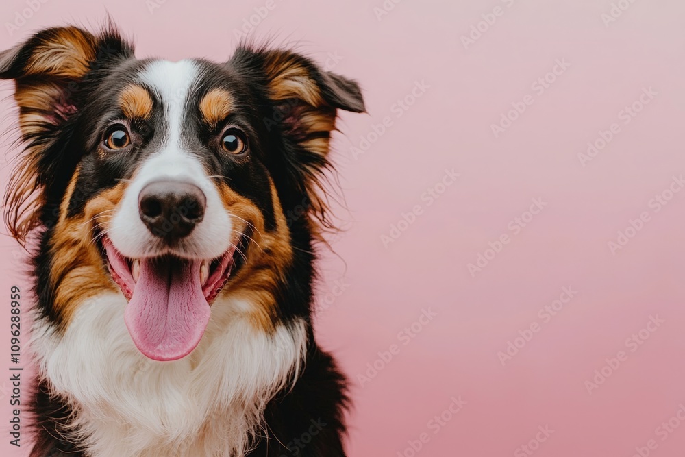 Happy Australian Shepherd dog with its tongue out on a pink background, looking at the camera, a studio shot from the front view. Happy Australian Shepherd dog with its tongue out on a pink background, looking at the camera, a studio shot from the front view.