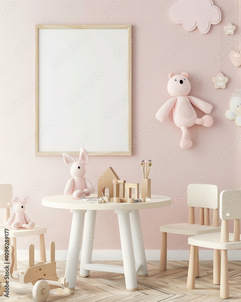 A pink room with a white frame on the wall above a round table and two chairs with a teddy bear on the floor A pink room with a white frame on the wall above a round table and two chairs with a teddy bear on the floor