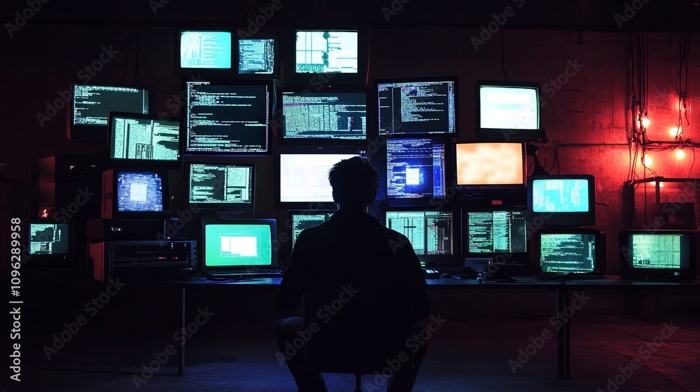 Cybersecurity analyst monitoring data streams tech lab digital art dark environment back view cyber awareness Cybersecurity analyst monitoring data streams tech lab digital art dark environment back view cyber awareness
