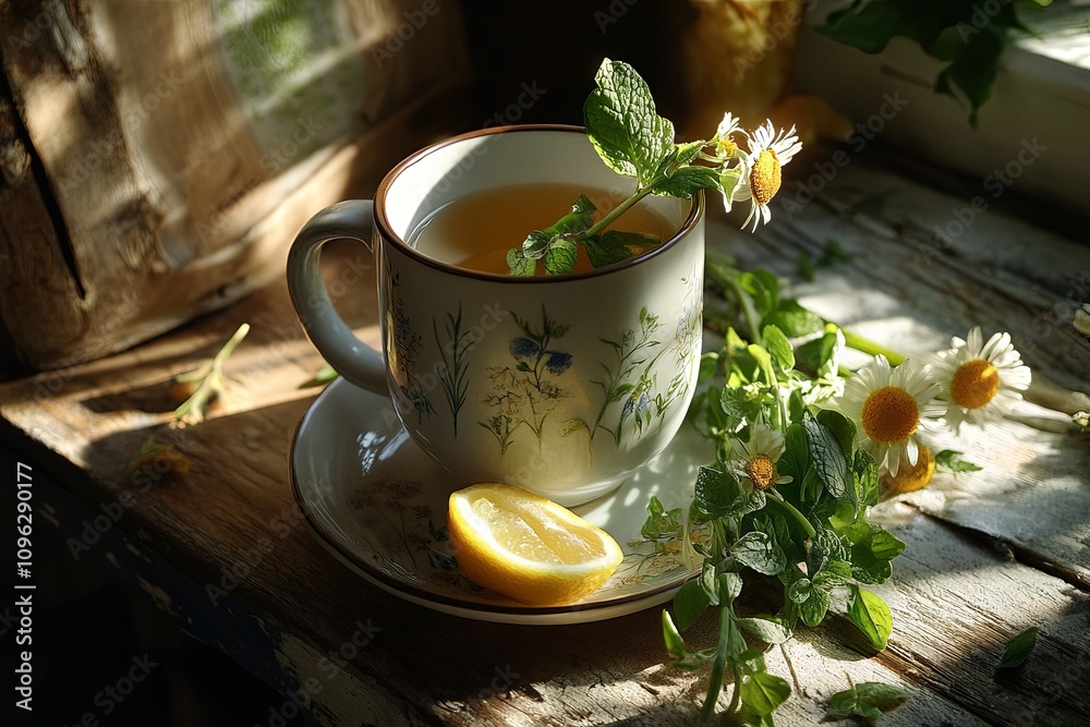 Enjoying herbal tea with lemon and fresh mint cozy kitchen beverage photography natural light tranquil vibes Enjoying herbal tea with lemon and fresh mint cozy kitchen beverage photography natural light tranquil vibes