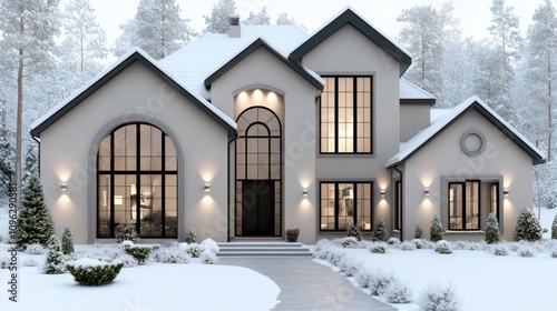 Snow blankets a charming suburban bungalow in Transportcore, creating a serene winter landscape with a welcoming entrance photo