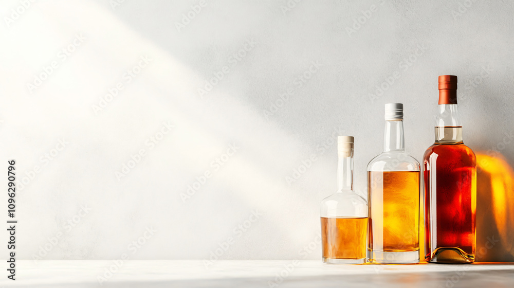 Three whisky bottles bathed in sunlight against a neutral wall, with golden liquid shimmering, evoking a sense of elegance and festivity, perfect for bar or restaurant designs Three whisky bottles bathed in sunlight against a neutral wall, with golden liquid shimmering, evoking a sense of elegance and festivity, perfect for bar or restaurant designs