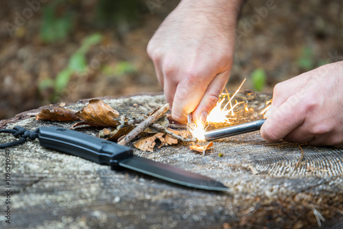 Men hand strarts fire with fire steel in the woods photo