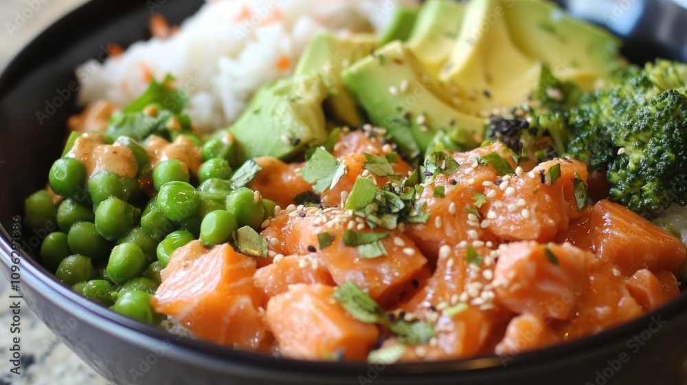 Vibrant poke bowl with fresh salmon, creamy avocado, steamed broccoli, green peas, fluffy rice, and garnished with herbs and sesame seeds. Vibrant poke bowl with fresh salmon, creamy avocado, steamed broccoli, green peas, fluffy rice, and garnished with herbs and sesame seeds.