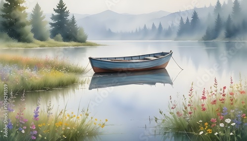 Rustic fishing boat anchored in calm lake with wildflowers on shore and mist rising from water photo