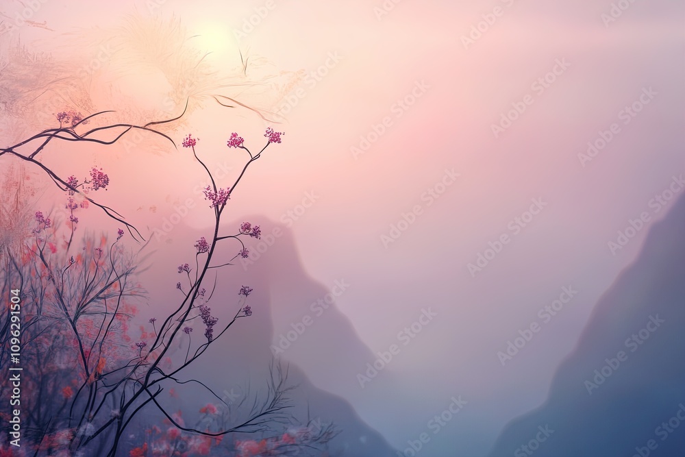 Fototapeta premium Beautiful misty mountain landscape with blossoming branches at sunset in soft pastel colors