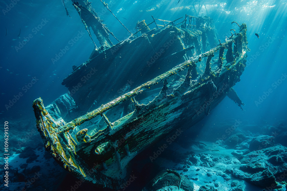 Underwater view of an sunken ship on seabed with fish swimming around Underwater view of an sunken ship on seabed with fish swimming around