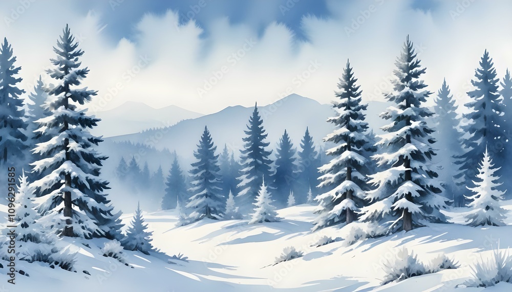 Snow-covered pine trees in winter landscape with pale blue sky in soft watercolor style Snow-covered pine trees in winter landscape with pale blue sky in soft watercolor style
