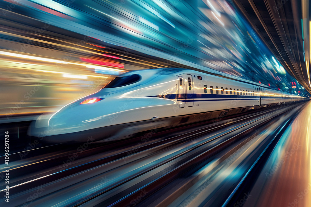Modern high-speed train in fast motion passes through railway stations Modern high-speed train in fast motion passes through railway stations