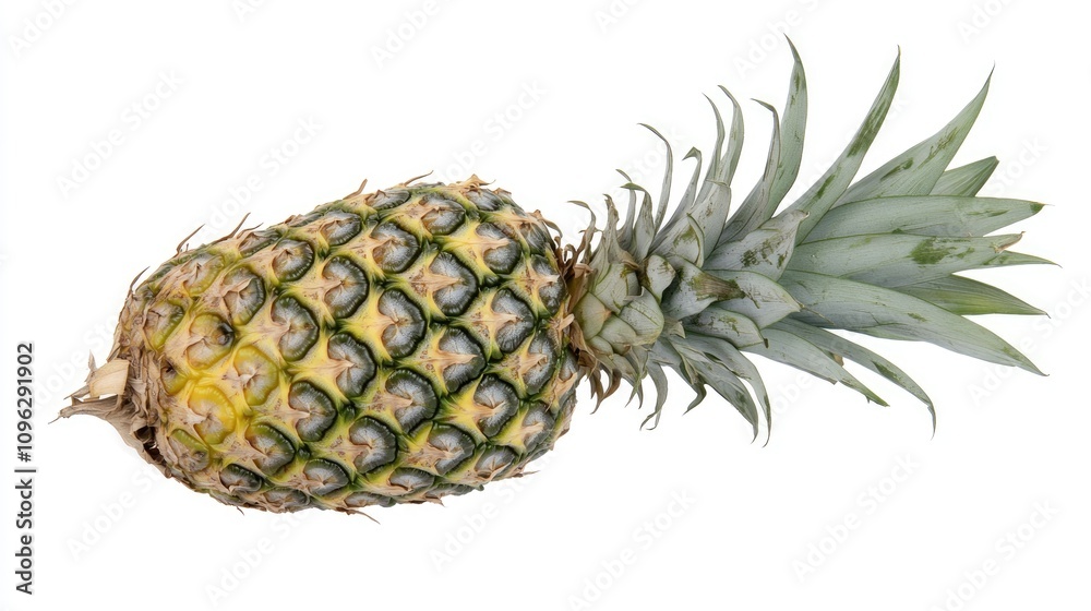 Vibrant fresh pineapple with a textured yellow-green exterior and lush green crown set against a clean white background Vibrant fresh pineapple with a textured yellow-green exterior and lush green crown set against a clean white background