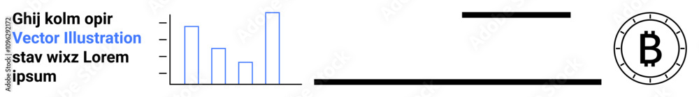 Bar chart with five columns, placeholder text on the side, and Bitcoin symbol within a circular border. Ideal for finance, cryptocurrency, blockchain, investment analysis, data visualization