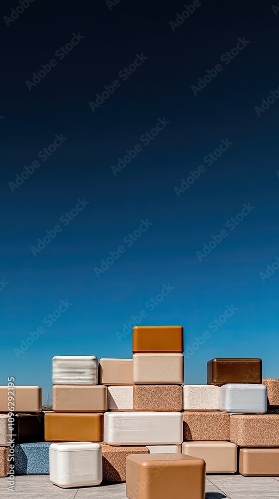 Front view of a modern industrial building featuring a large white acrylic tank for chemical storage and lined up transparent barrels Front view of a modern industrial building featuring a large white acrylic tank for chemical storage and lined up transparent barrels