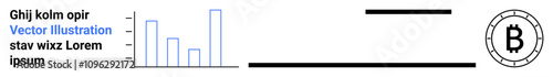 Bar chart with five columns, placeholder text on the side, and Bitcoin symbol within a circular border. Ideal for finance, cryptocurrency, blockchain, investment analysis, data visualization