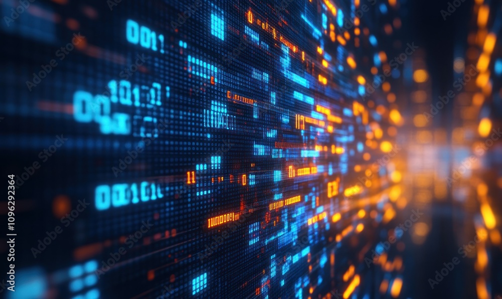 Blurry digital binary code in red and blue tones, symbolizing programming, data processing, and futuristic technology Blurry digital binary code in red and blue tones, symbolizing programming, data processing, and futuristic technology