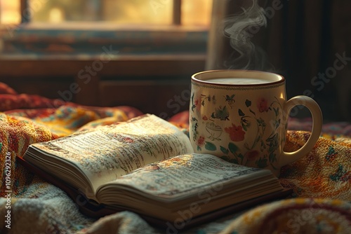 Cozy reading corner with hot beverage and open book sunny room lifestyle photography warm atmosphere intimate viewpoint