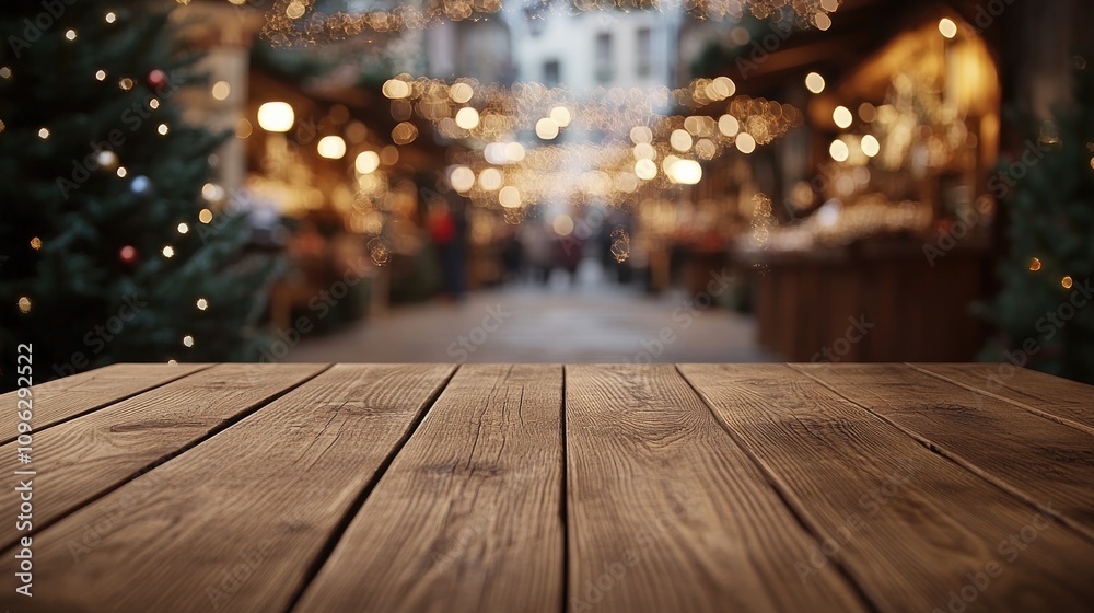 Wooden tabletop in focus with a blurred festive market scene adorned with twinkling lights and lively atmosphere in the background. Wooden tabletop in focus with a blurred festive market scene adorned with twinkling lights and lively atmosphere in the background.