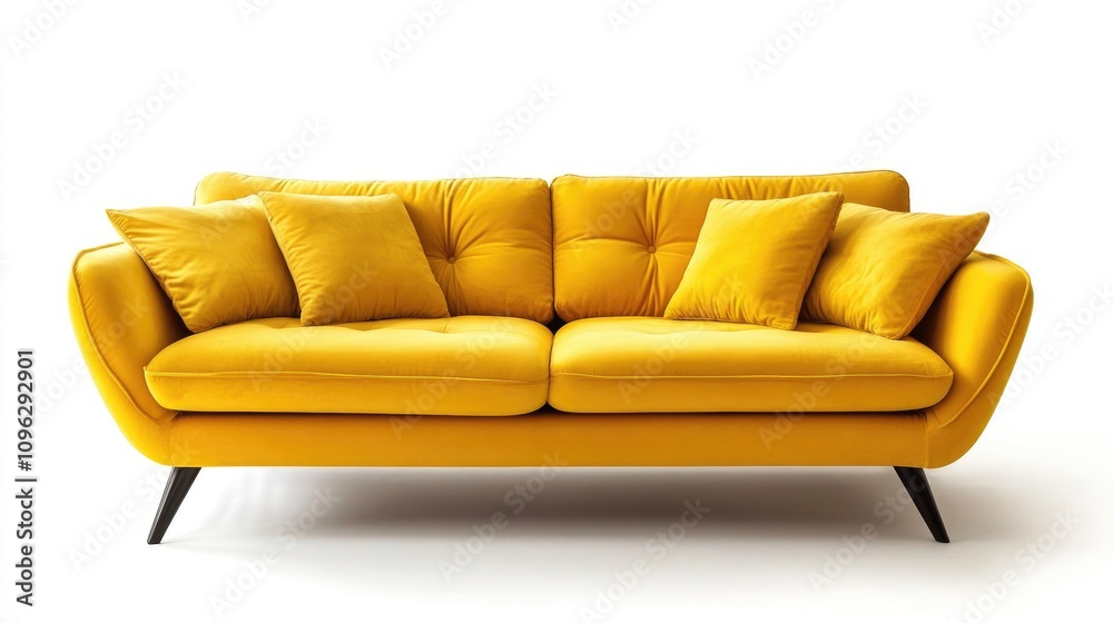 Fototapeta premium Vibrant yellow sofa with plush pillows against a clean white backdrop, showcasing a contemporary living room style with modern elegance.