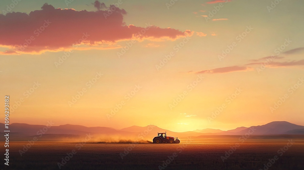 Sunset Tractor Operation in Vast Landscape Sunset Tractor Operation in Vast Landscape