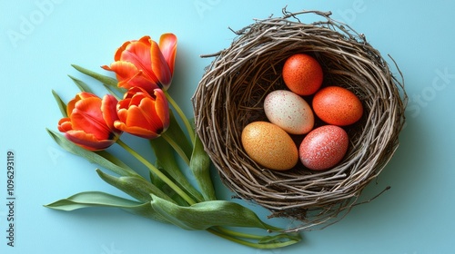 Colorful Easter eggs nestled in a rustic nest alongside vibrant orange tulips on a soft blue background, perfect for spring-themed designs and greeting cards. photo