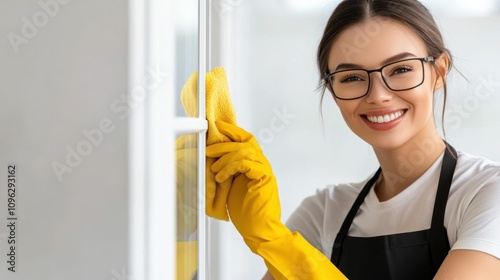 Smiling Women Cleaning Windows with Yellow Gloves and Cloth